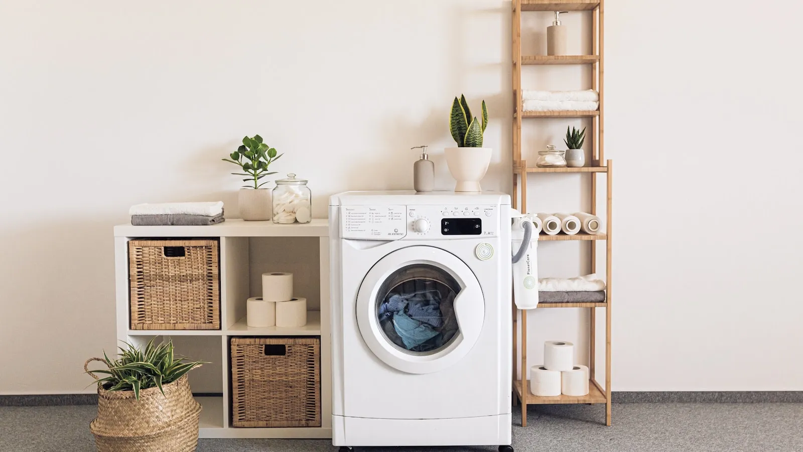 Wasmachine in een lichte bijkeuken met opbergmanden en handdoeken.