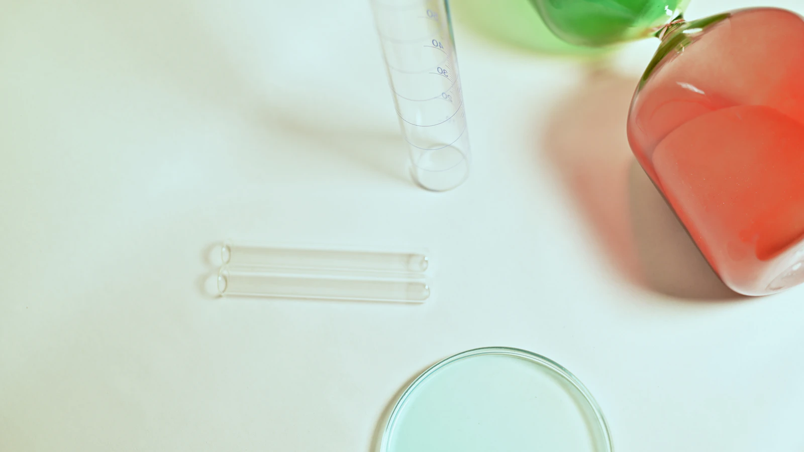 Laboratoriumglaswerk met een petrischaal en gekleurde vloeistoffen op een lichte ondergrond.