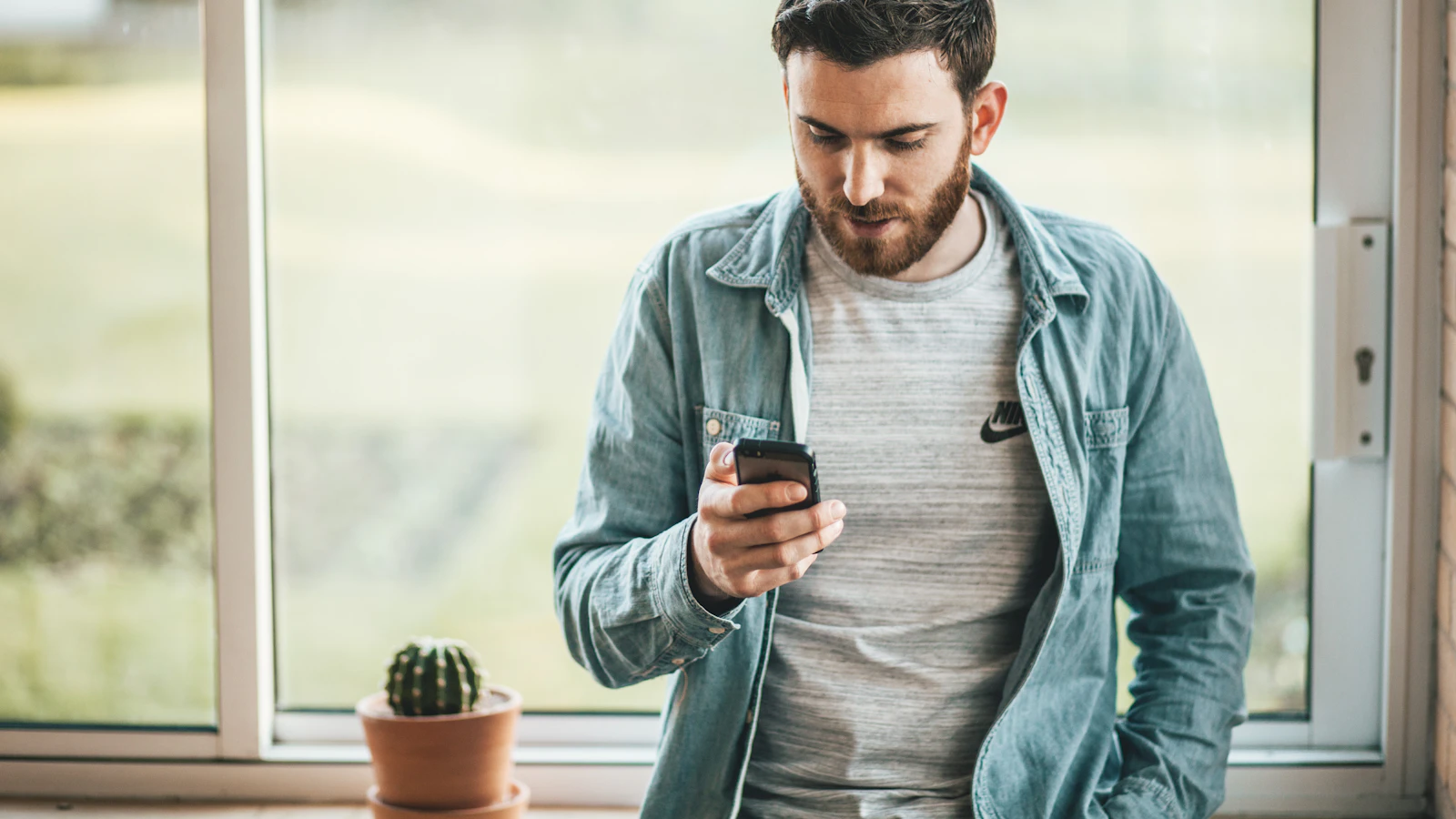 Someone calmly looking at a smartphone by the window.